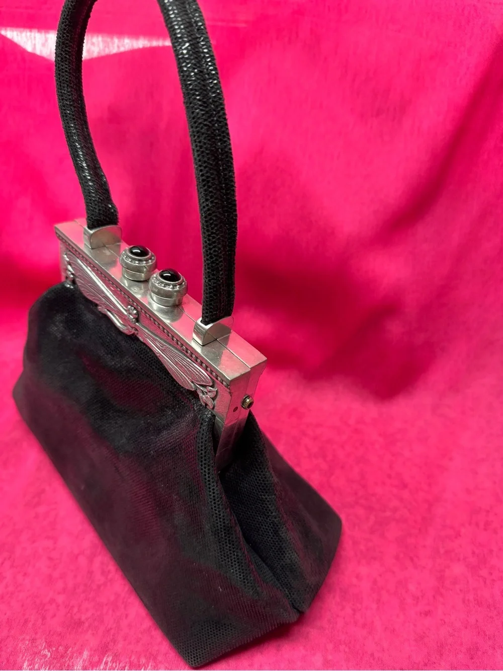 Black Evening Clutch with Decorative Silver Frame